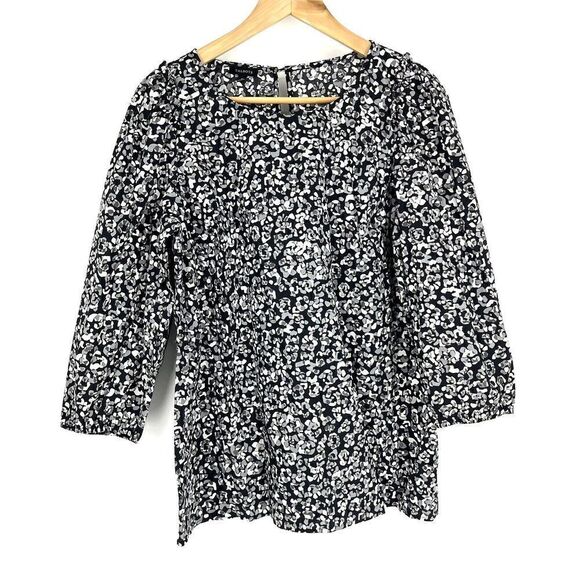 Talbots Shirt Size Medium Womens Black Gray Leopard Print Top Ruffle Blouse - Picture 1 of 8